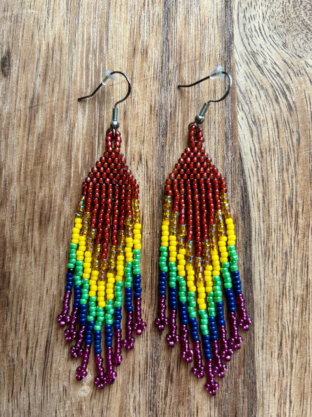 Handmade Beaded Fringe Earrings - Rainbow